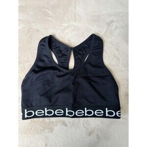 Bebe Sport Womens Black Heathered Racerback Logo Band Sports Bra Medium